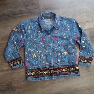 Embroidered Denim Jacket Vintage Floral Art to Wear Size Small